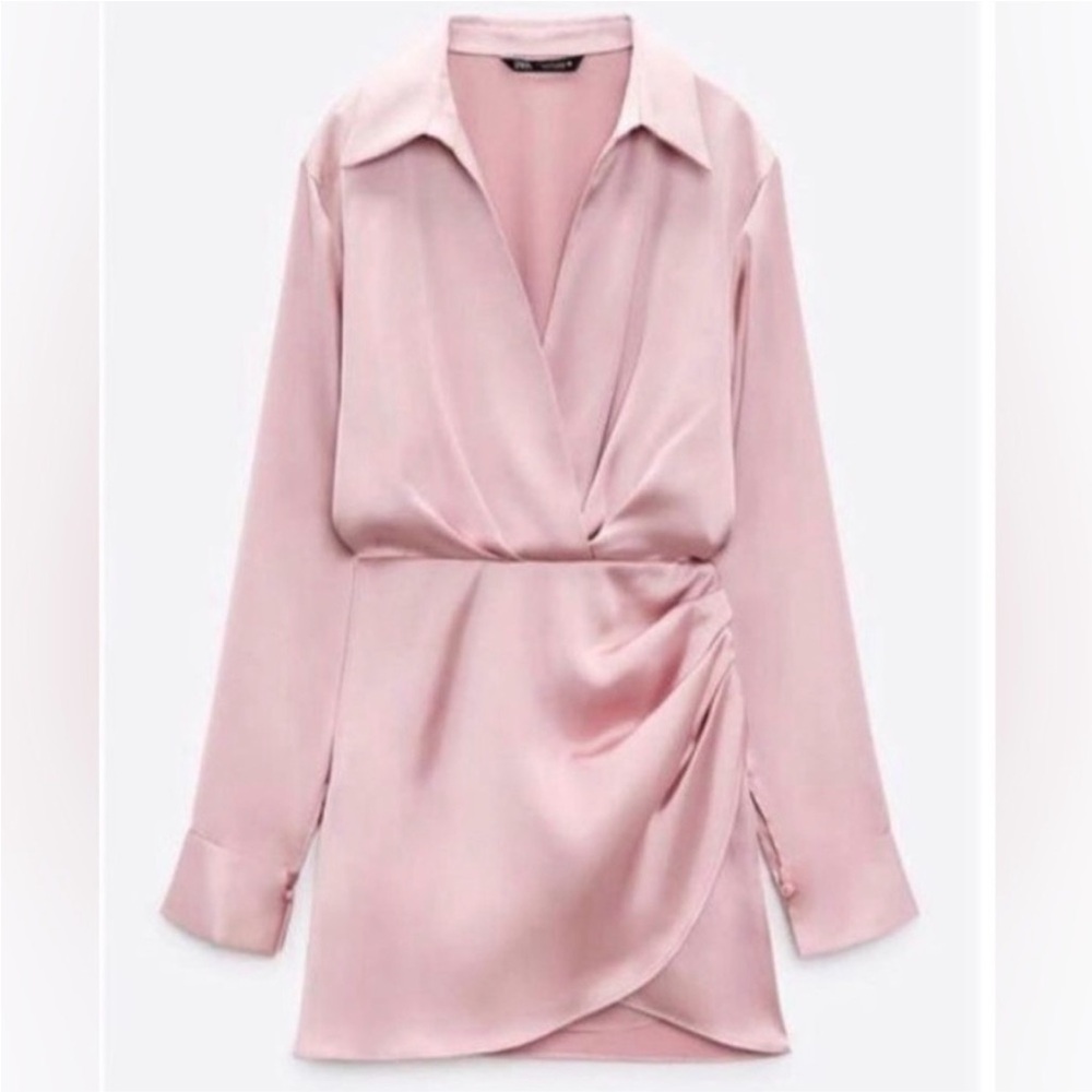 Zara Satin Wrap-Style Long Sleeve Mini Dress in Blush Pink S